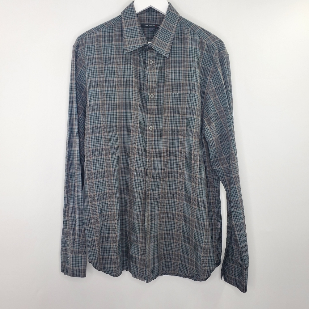 John Varvatos Star USA Slim Fit Plaid Sport Shirt Button Up Gray Blue Men's